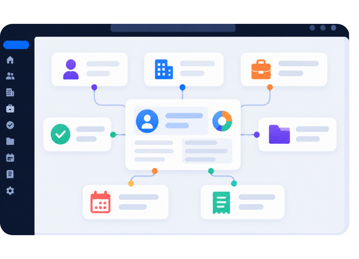 Connected candidate, client, job, placement, project, time, expense, and approval records